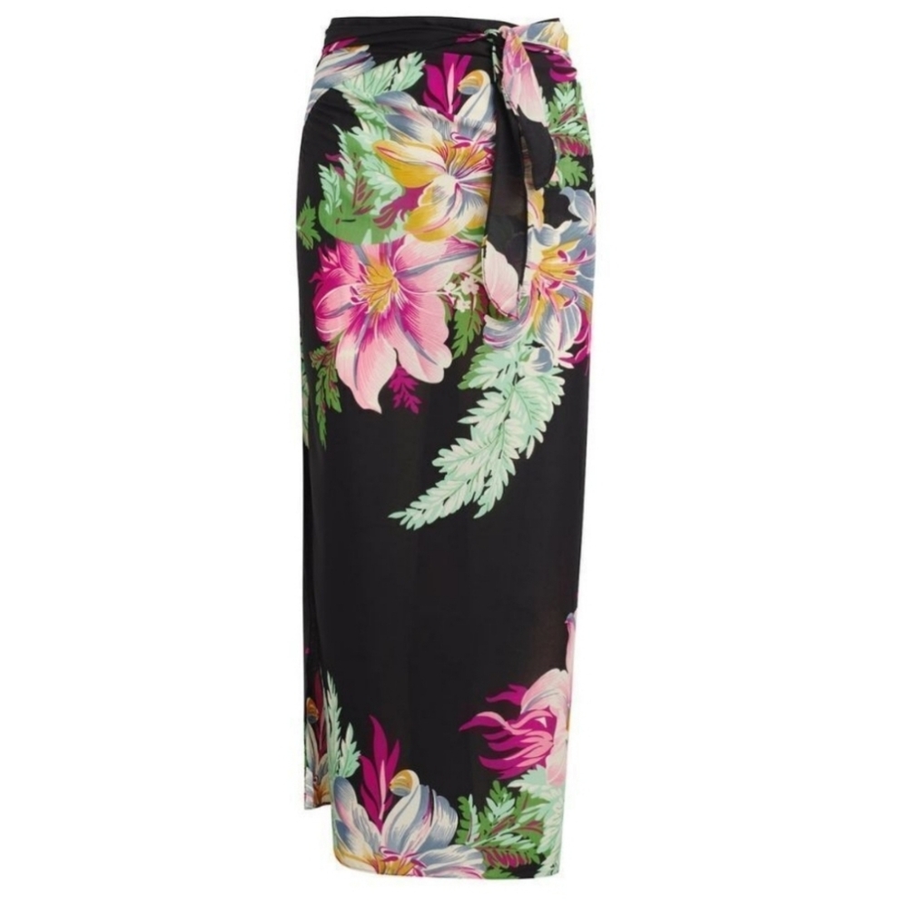 Walter Baker Black Floral Wrap Sarong with Pink & Green Blooms